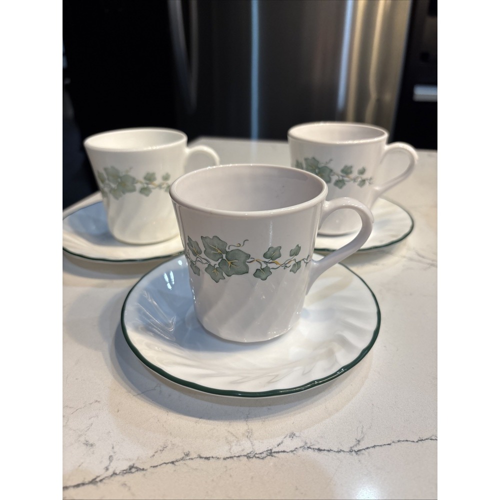 3 Corelle Callaway Cups  Saucers Set 3.5" Corning Green Ivy Swirl Coffee Tea Mug